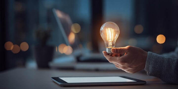 A lightbulb is held in a hand above a tablet, suggesting a bright idea, innovation, or solution in a technological context. Conceptual and modern office setting.