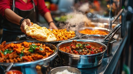 A bustling Indian food stall where a vendor is cooking crispy naan alongside simmering traditional curry