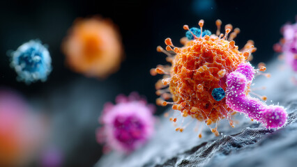 A color-enhanced microscopic image shows viruses attaching to a human cell surface, with vivid textures and nearby bacteria, set against a dark background to highlight infection and microbial activity