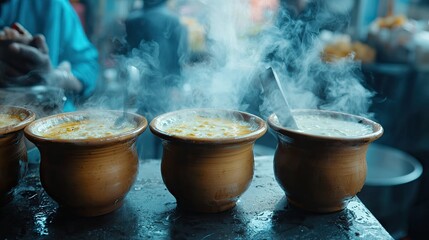 A bustling Indian street food stall serving steaming hot masala chai in traditional clay cups with a vibrant market background