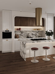 Modern classic style kitchen with walnut wooden facades, burgundy bar stools, marble kitchen island, brass decor.