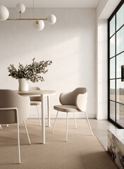 Modern beige white living room with a round table with flowers in a vase, a hanging gold chandelier, a rattan rug and soft beige chairs against a blank wall.