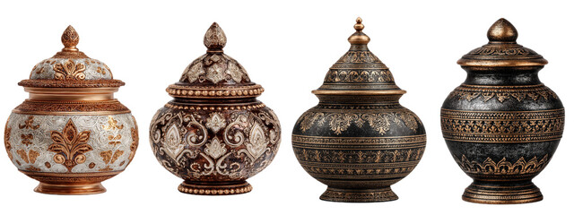 Ornate Decorative Pots with Intricate Designs and Rich Colors