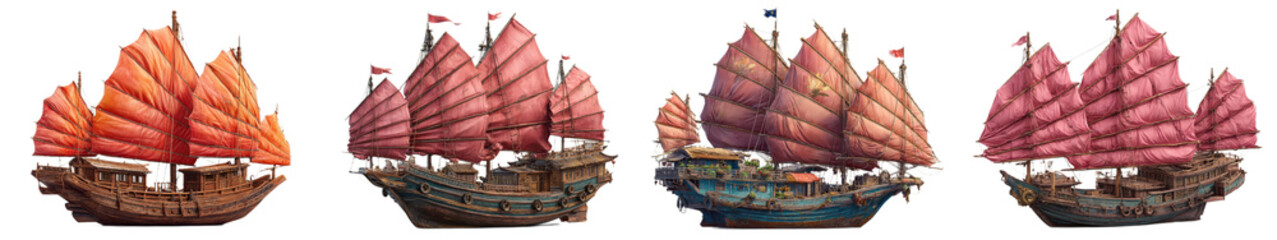 Traditional Sailing Ships with Colorful Sails on Display