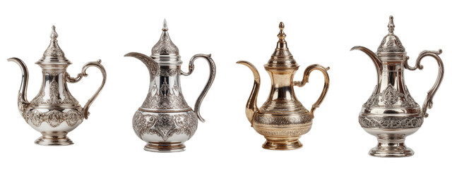 Elegant Collection of Vintage Silver Teapots with Intricate Designs