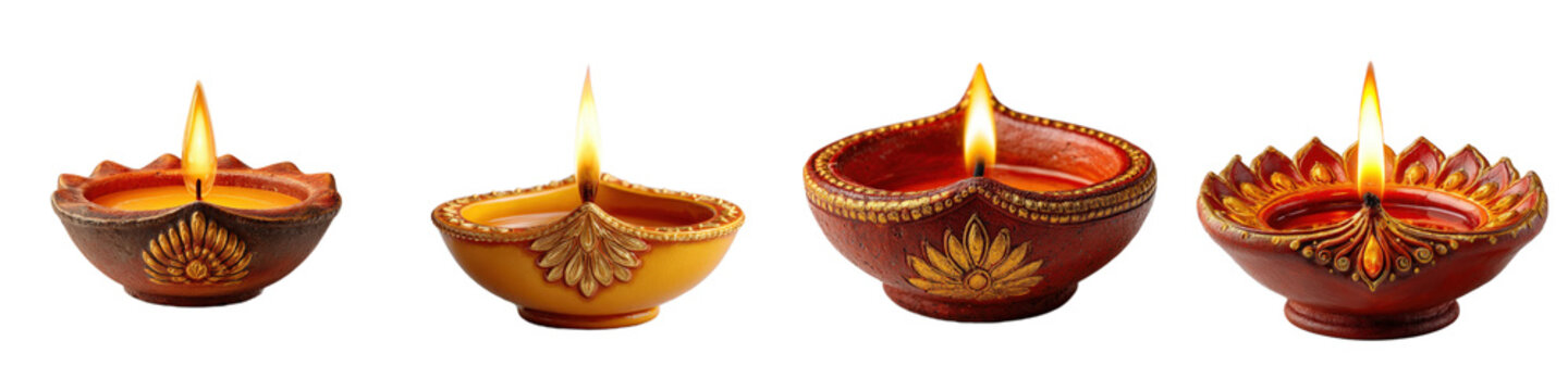 Colorful Diwali Candles with Bright Flames on Transparent Background
