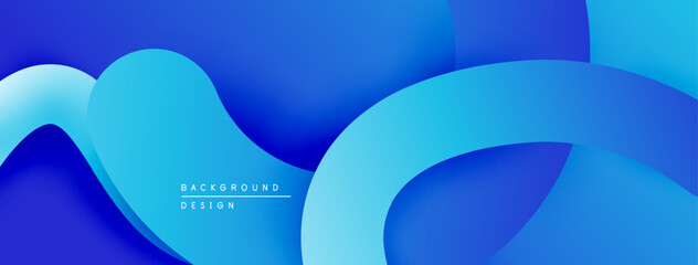 Abstract blue layers create flowing shapes. Gradient shades offer depth, modern aesthetic. Minimalist design suitable for backgrounds.