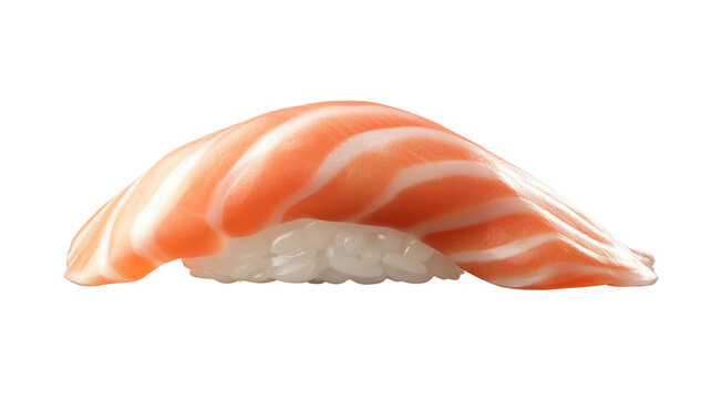 Side view of fresh salmon Nigri sushi with rice and raw fish isolated on white background