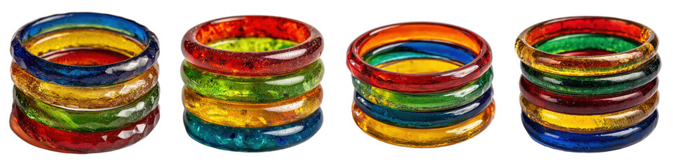 Colorful Glass Bangles Stacked on White Background