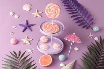 Summer Sweets Seashells Starfish Lollipops Pink Purple Background