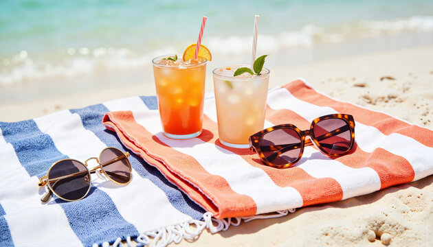 Refreshing summer cocktails on beach towels by the ocean