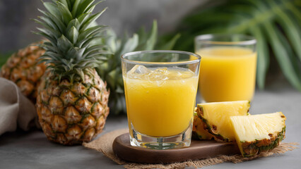 A glass of golden pineapple juice sits in focus, with a whole or sliced pineapple and its leafy crown in the background. The scene radiates tropical freshness, sweetness, and natural vitality.
