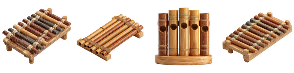 Wooden Musical Instruments Display Featuring Bamboo Pipes and Stands