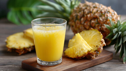 A glass of golden pineapple juice sits in focus, with a whole or sliced pineapple and its leafy crown in the background. The scene radiates tropical freshness, sweetness, and natural vitality.