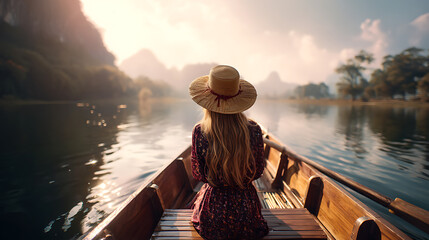 Serene woman in a straw hat on a boat, enjoying a tranquil river surrounded by mountains at sunset