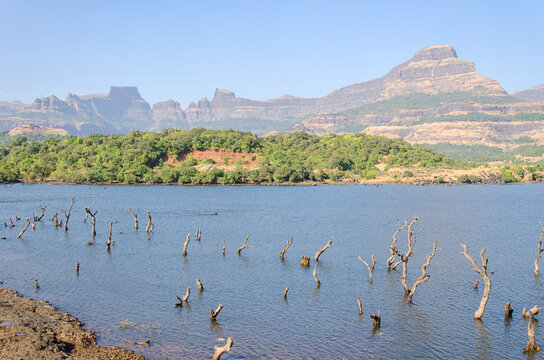 Serene landscape with a Arthur lake at Bhandardara, Maharashtra, India.