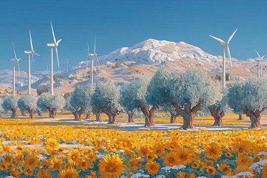 A common sunflower crop, Helianthus annuus, shares a rural landscape in Campillos, Malaga, Andalucia, Spain, with a wind generator