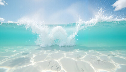 Fototapeta premium Ocean waves crashing on sandy beach under clear blue sky 