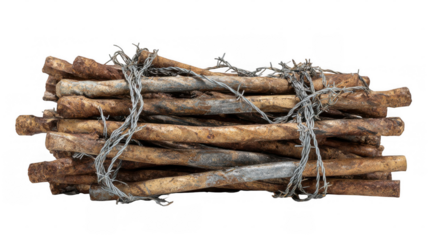 Rusty metal bars tied together with barbed wire creating a makeshift barricade, isolated on transparent background, symbolizing protection, danger, or conflict