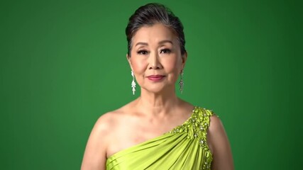 Elegant Woman in a Lime Green Gown on Green Screen. Fashion Model Posing in a Beaded One-Shoulder Dress for Chroma Key. Poised Woman in a Luxurious Green Gown for VFX Editing.  - Powered by Adobe