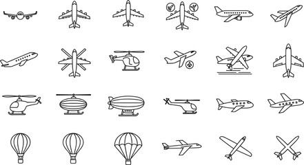 Vector icons of air transportation including airplanes, helicopters, hot air balloons, and parachutes for aviation, travel, and flight design use
