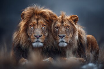 Fototapeta premium In the Mara River Basin, within the Mara Triangle and Mara Conservancy of Maasai Mara National Reserve, Kenya, East Africa, 2 male lions are situated in the grass, specifically the Panthera leo