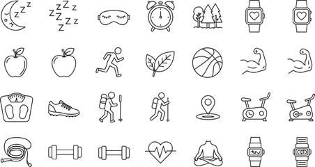 Vector icons of healthy lifestyle including fitness, sleep, diet, smartwatch tracking, yoga, hiking, strength training, and wellness tools