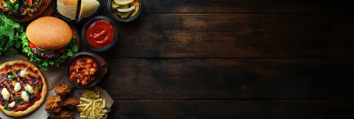 Take Out Burgers. Top-Down View of Assorted Fast Food Options on Dark Wood Table Banner