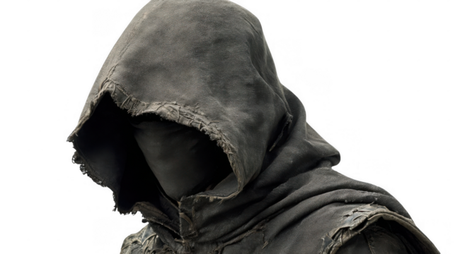 Hooded figure in a mask and cloak evokes mystery and intrigue, ideal for fantasy or medieval projects, featuring a transparent background for seamless integration