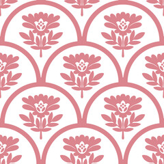 Scalloped arches floral seamless pattern. Hand drawn geometrical symmetrical flowers in pink and white colors. Scallop half circle repeat botanical ornament for wallpaper, textile and fabric printing