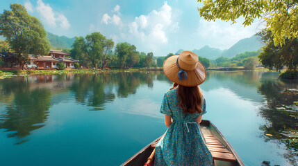 A serene woman in a straw hat gazes over a tranquil lake surrounded by lush greenery