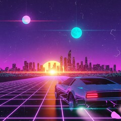 a retro futuristic scene with a glowing grid road leading towards a neon sunset and a car 