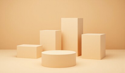 Beige asymmetrical podiums on warm surface and soft wall, organic mockup for skincare or lifestyle product showcase