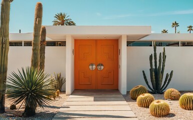 Mid-Century Modern Home Entrance Surrounded by Cacti and Desert Plants