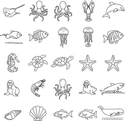 Hand drawn vector icons of sea animals, marine creatures, fish, shellfish, and ocean life for educational or decorative use