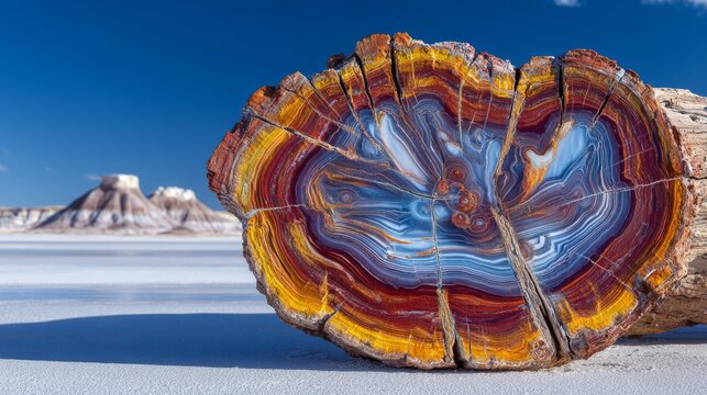 A tree trunk stem fossil is situated amidst the landscape of the Petrified Forest National Park, Arizona