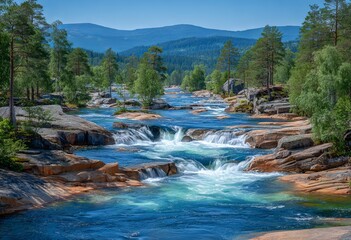Fototapeta premium Abisko National Park in Sweden features a wild river and rapids close to the Kungsleden trail