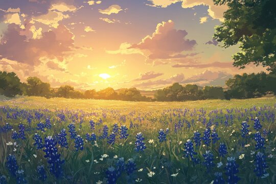Texas Sunrise. Bluebonnet Wildflowers in Spring Field at Sunrise in the Country