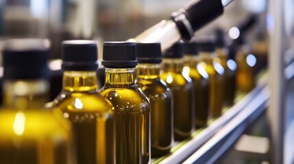 Bottles of amber liquid on conveyor belt