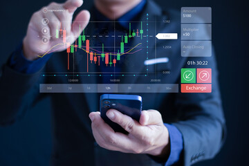 Businessman using smartphone, analyzing stock market trades, growth and profit, planning.