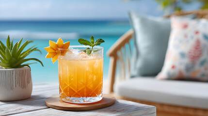 Refreshing tropical cocktail garnished with vibrant fruit and mint, placed on wooden table beside a cozy outdoor seating area with ocean view. Selective focus