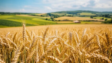 Naklejka premium A large organic farm field where wheat and rye are grown for the production of organic bread. The field is cultivated using natural methods: farmers work with sickles