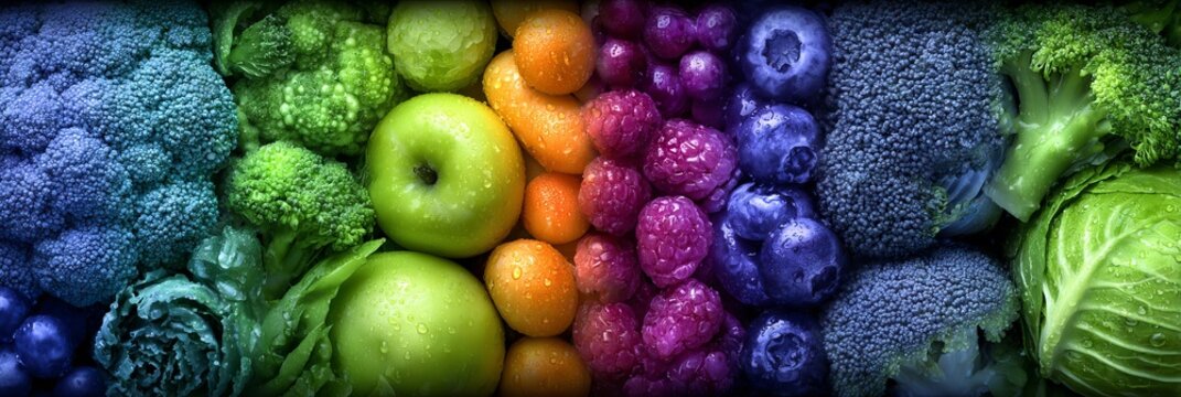 Vibrant display of organic produce showcasing a variety of fresh fruits and vegetables in a rainbow of colors