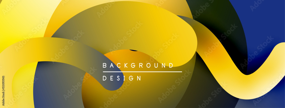 Poster abstract fluid shapes, yellow, blue, dark tones. modern design elements create dynamic composition. 