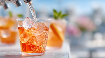 Refreshing beverage being poured over ice in a clear cup, with blurred background of colorful drinks and vibrant outdoor setting, showcasing summer enjoyment. Selective focus