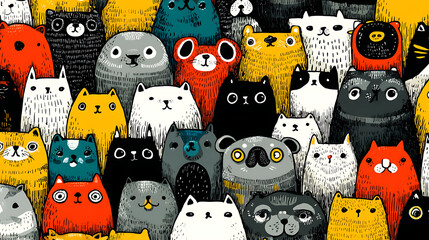 A vibrant gathering of illustrated animals in various colors and expressions, showcasing creativity