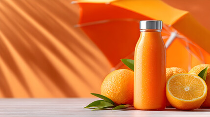 Fresh orange juice in a glass bottle surrounded by whole oranges and green leaves, with vibrant orange umbrella creating a sunny atmosphere. Selective focus
