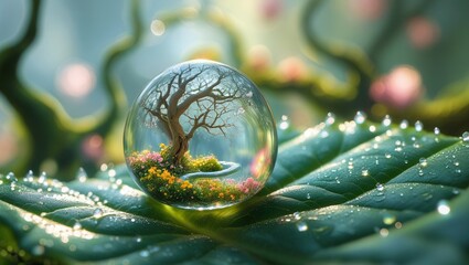 Magical tree inside a glass sphere resting on a dewy leaf in a dreamy forest setting