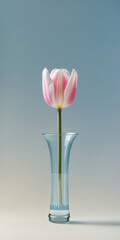 Pink tulip in a transparent glass vase against a gradient blue background