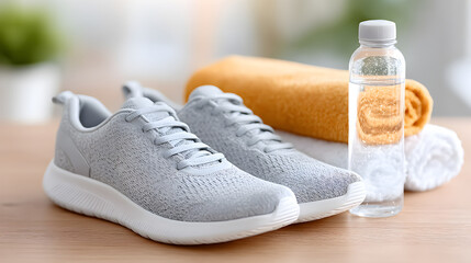 Stylish gray athletic shoes placed on wooden surface with a water bottle and towels, representing fitness and healthy lifestyle choices for active individuals. Selective focus